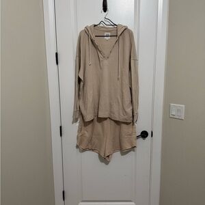 Aerie Taupe Hoodie/shorts *SET* with Button Detail